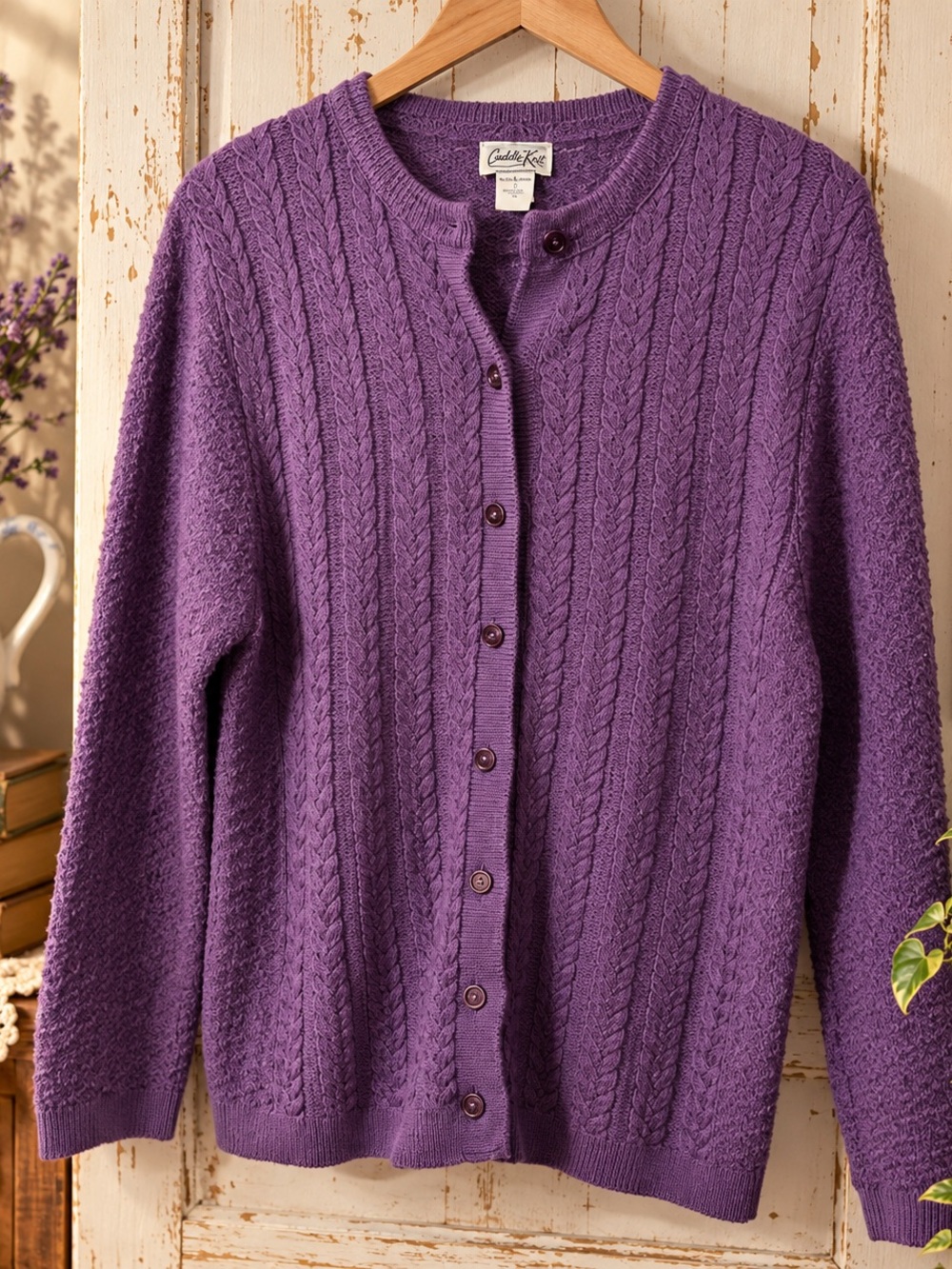 Vintage Cuddle Knit Purple Cable Knit Cardigan Made in USA L